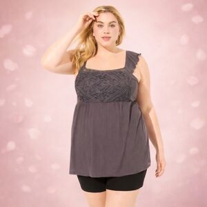 Torrid 2X Charcoal Textured Knit Square Neck Flutter Sleeve Babydoll Top